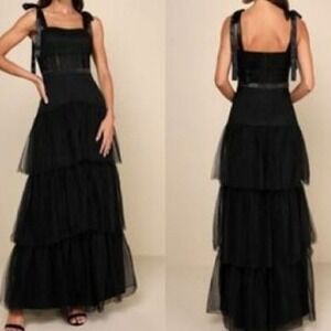 LULUS NWT Size Small Mystique Black Tulle‎ Tie-Strap Tiered Maxi Dress Formal